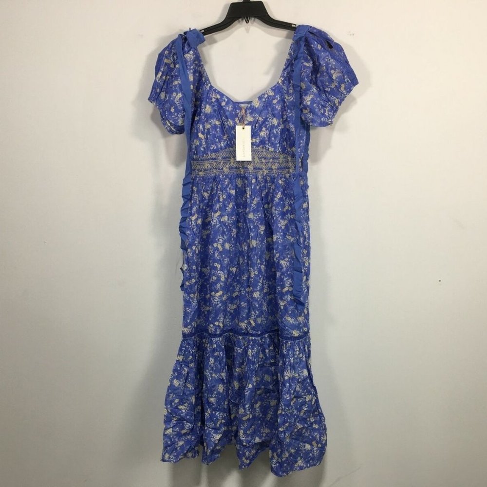 LoveShackFancy Angie Short Sleeve Floral Maxi Dress, Women's Size 4 - Blue Jay - Picture 6 of 13